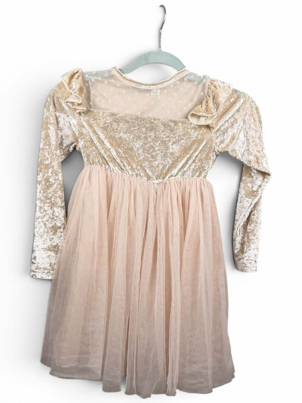 SHEIN Girls Champagne Crushed Velvet Tulle Dress with Polka Dot Mesh, Size 8-9Y